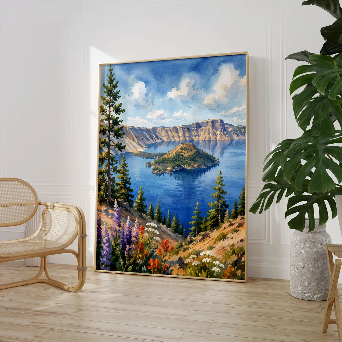Crater Lake Wizard Island in the deep blue lake watercolour art print large framed print beside a chair and plant