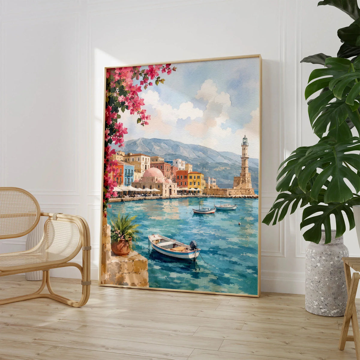 Crete Chania Venetian harbour and lighthouse watercolour art print large framed print beside a chair and plant