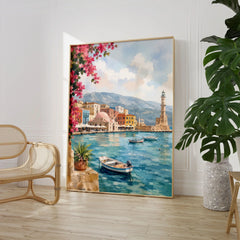 Crete Chania Venetian harbour and lighthouse watercolour art print large framed print beside a chair and plant