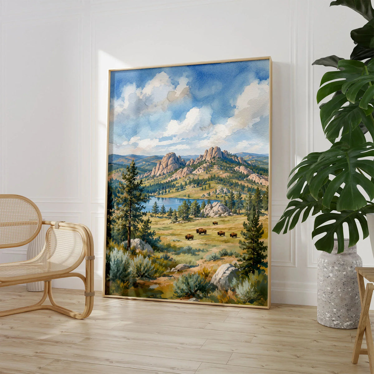 Custer State Park bison grazing below the Black Hills watercolour art print large framed print beside a chair and plant