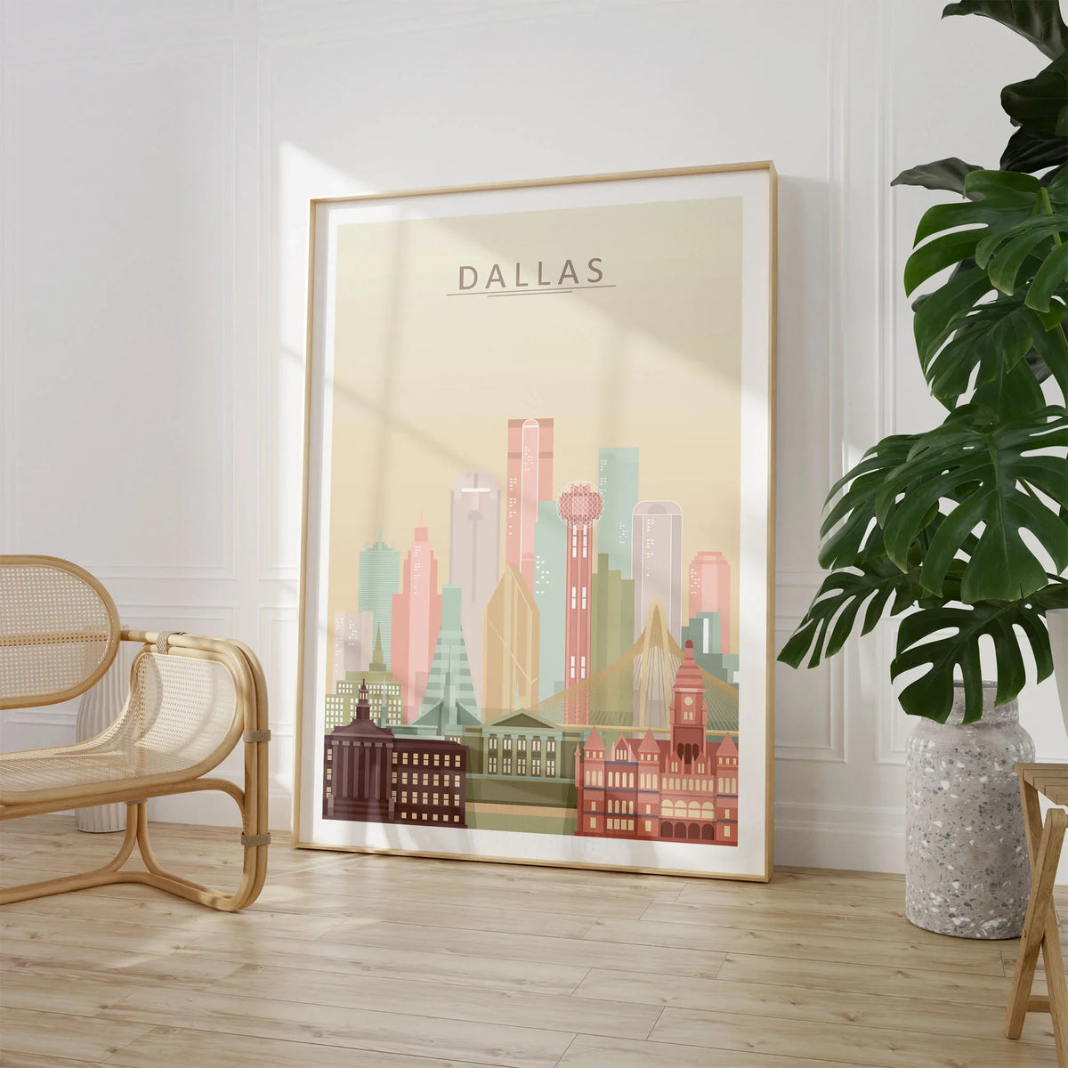 Dallas city skyline art print, large framed print beside a chair and plant