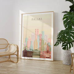 Dallas city skyline art print, large framed print beside a chair and plant