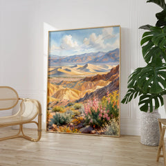 Death Valley National Park sand dunes and golden hills watercolour art print large framed print beside a chair and plant