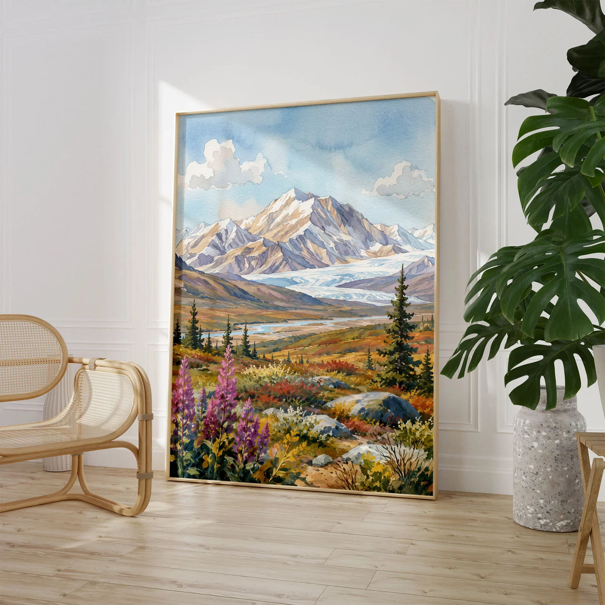 Denali National Park snow-capped Denali peak watercolour art print large framed print beside a chair and plant
