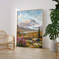 Denali National Park snow-capped Denali peak watercolour art print large framed print beside a chair and plant