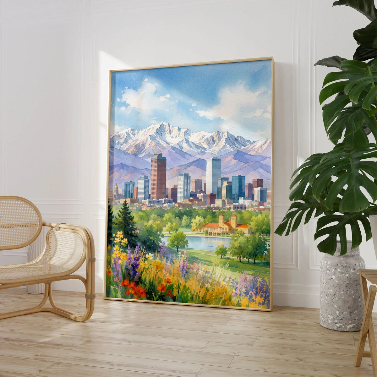 Denver skyline and Rocky Mountains watercolour art print large framed print beside a chair and plant