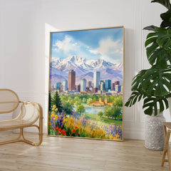 Denver skyline and Rocky Mountains watercolour art print large framed print beside a chair and plant