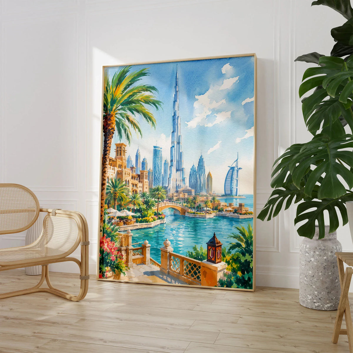 Dubai Burj Khalifa skyline watercolour art print large framed print beside a chair and plant