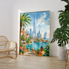 Dubai Burj Khalifa skyline watercolour art print large framed print beside a chair and plant