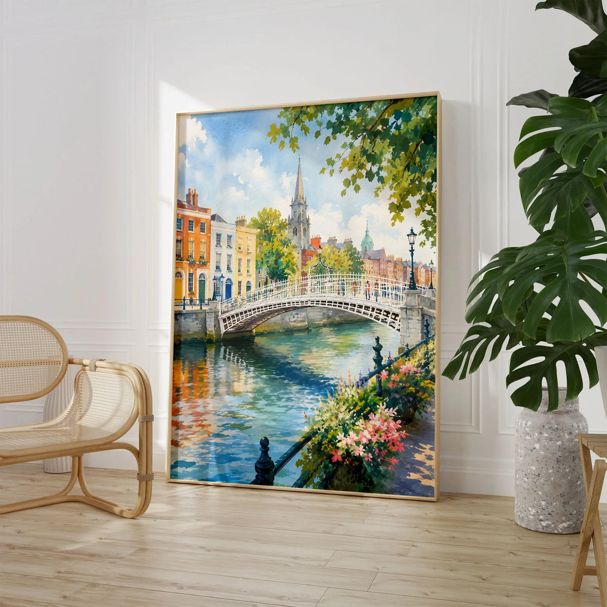 Dublin Ha'penny Bridge on the Liffey watercolour art print large framed print beside a chair and plant