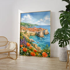 Dubrovnik old town walls and sea watercolour art print large framed print beside a chair and plant