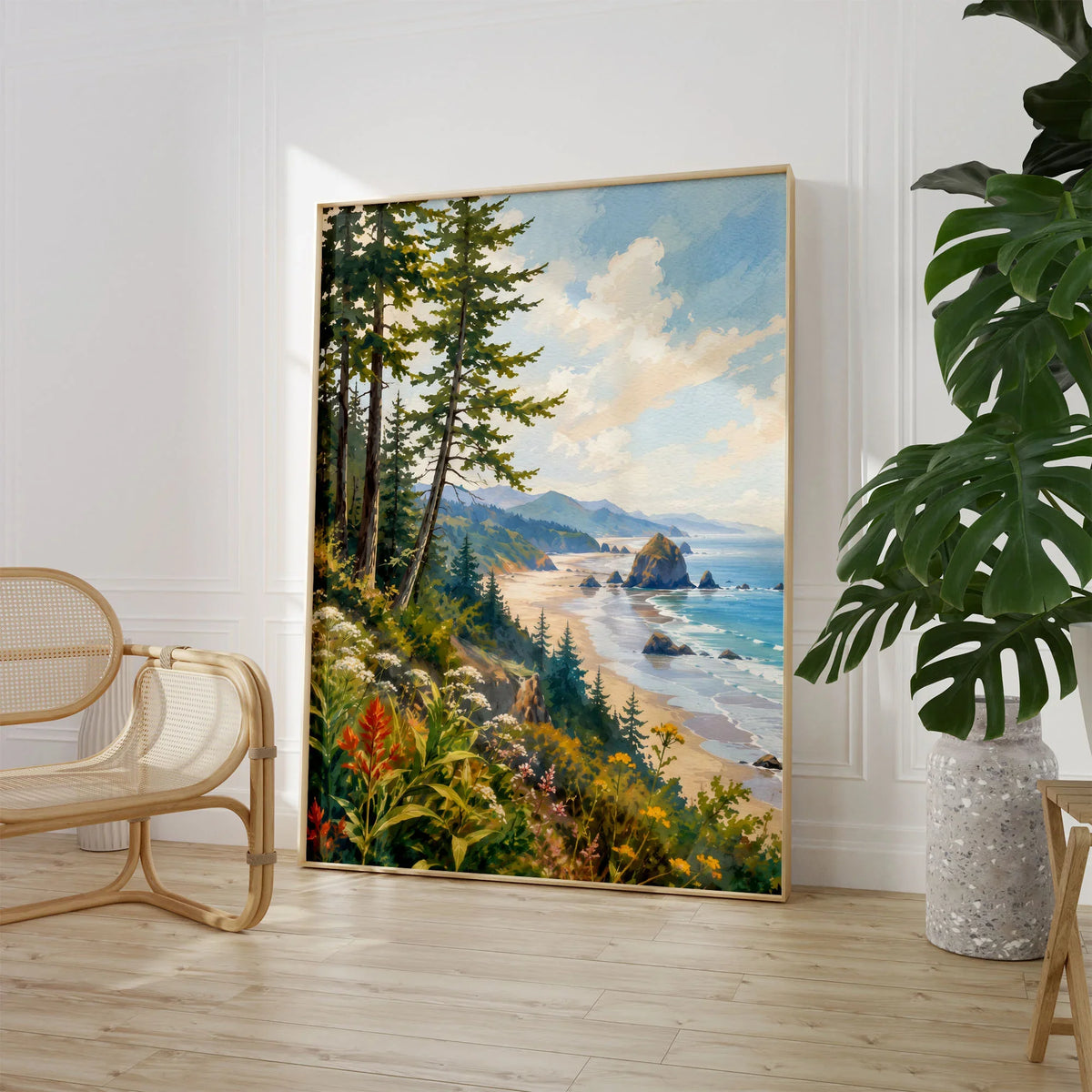 Ecola State Park Cannon Beach sea stacks watercolour art print large framed print beside a chair and plant