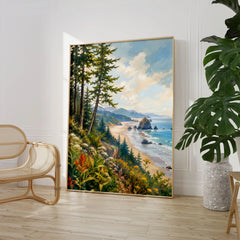 Ecola State Park Cannon Beach sea stacks watercolour art print large framed print beside a chair and plant