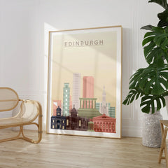 Edinburgh city skyline art print, large framed print beside a chair and plant