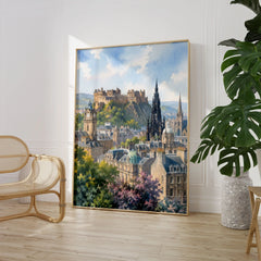 Edinburgh castle and Scott Monument watercolour art print large framed print beside a chair and plant