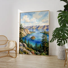 Emerald Bay State Park Fannette Island in Emerald Bay watercolour art print large framed print beside a chair and plant