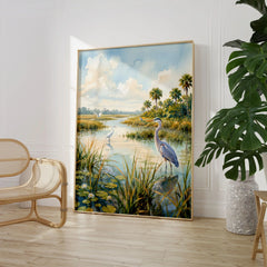 Everglades National Park herons in the wetlands watercolour art print large framed print beside a chair and plant