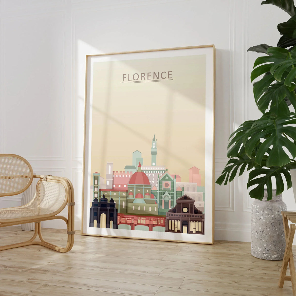 Florence city skyline art print, large framed print beside a chair and plant