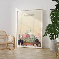 Florence city skyline art print, large framed print beside a chair and plant