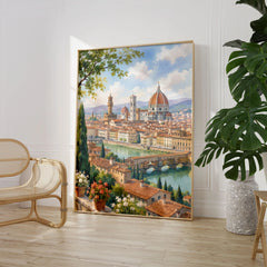 Florence Duomo and Ponte Vecchio watercolour art print large framed print beside a chair and plant