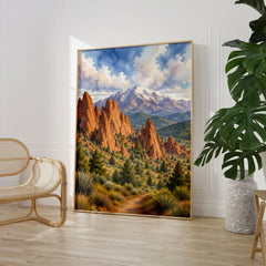 Garden of the Gods red rocks and Pikes Peak watercolour art print large framed print beside a chair and plant