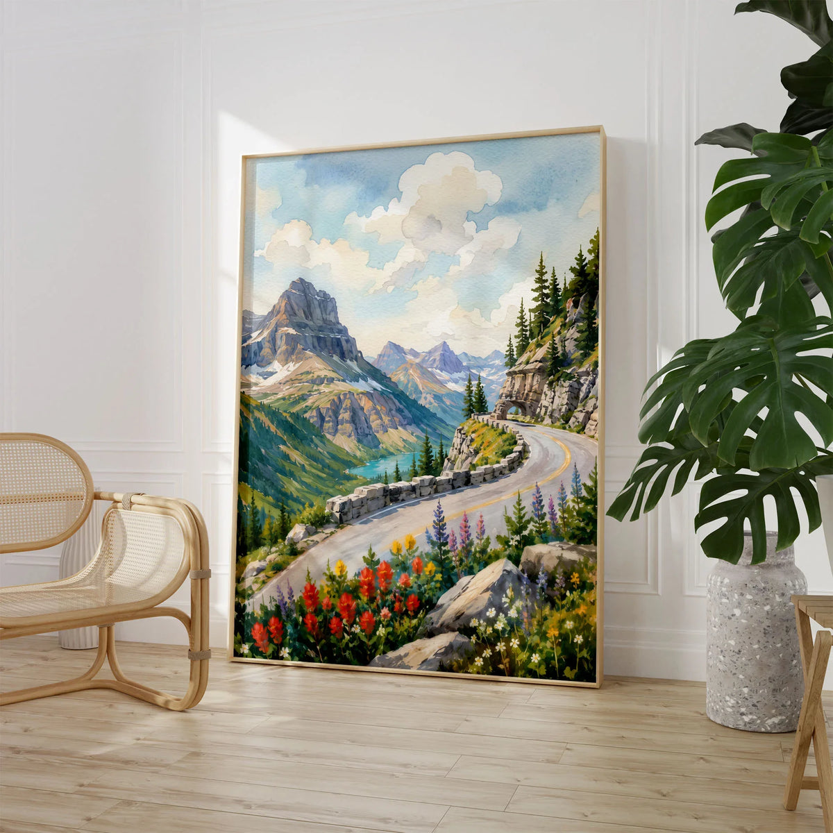 Glacier National Park Going-to-the-Sun Road watercolour art print large framed print beside a chair and plant