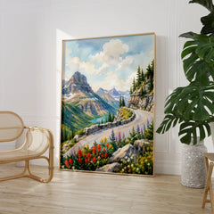 Glacier National Park Going-to-the-Sun Road watercolour art print large framed print beside a chair and plant