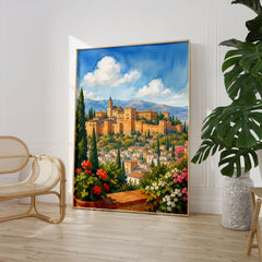 Granada Alhambra palace watercolour art print large framed print beside a chair and plant