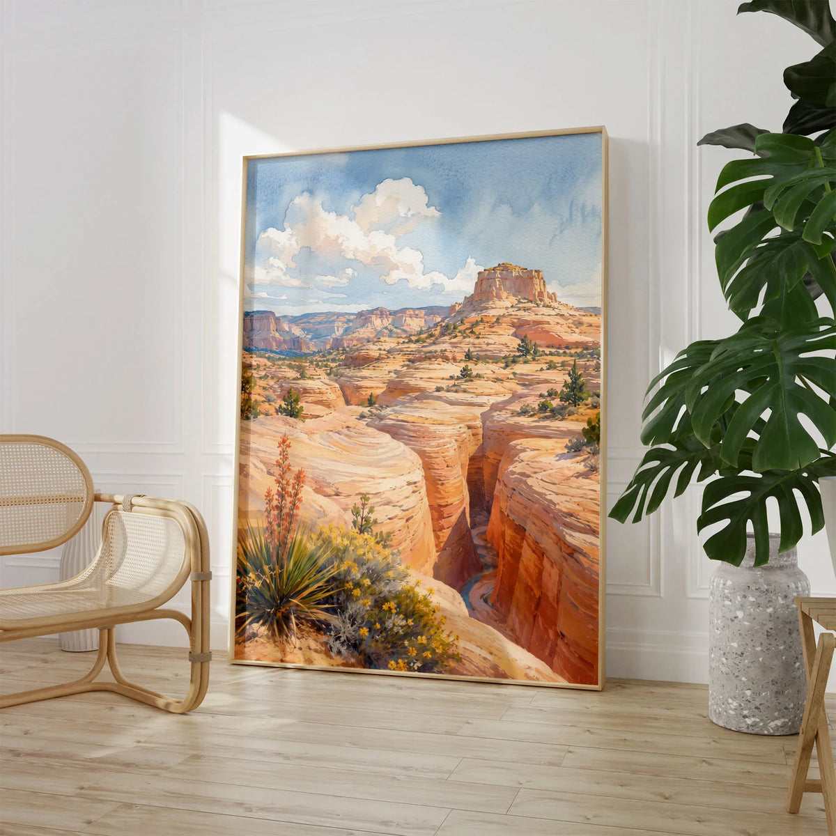 Grand Staircase-Escalante slot canyon and mesa watercolour art print large framed print beside a chair and plant