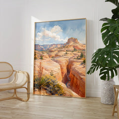 Grand Staircase-Escalante slot canyon and mesa watercolour art print large framed print beside a chair and plant