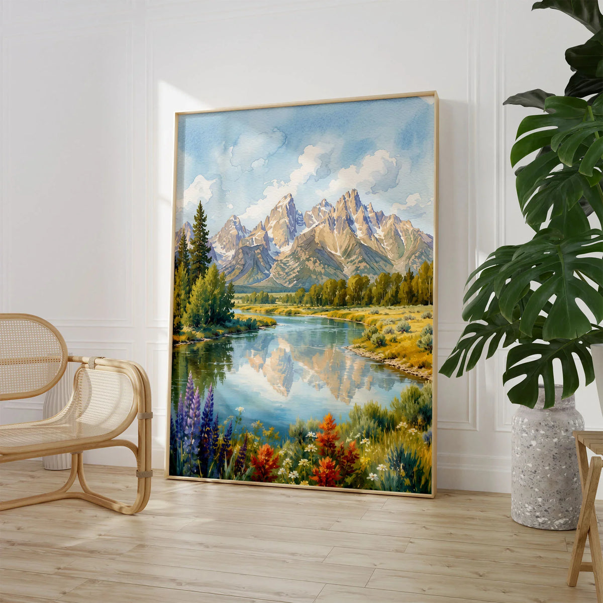 Grand Teton National Park Teton peaks over the Snake River watercolour art print large framed print beside a chair and plant