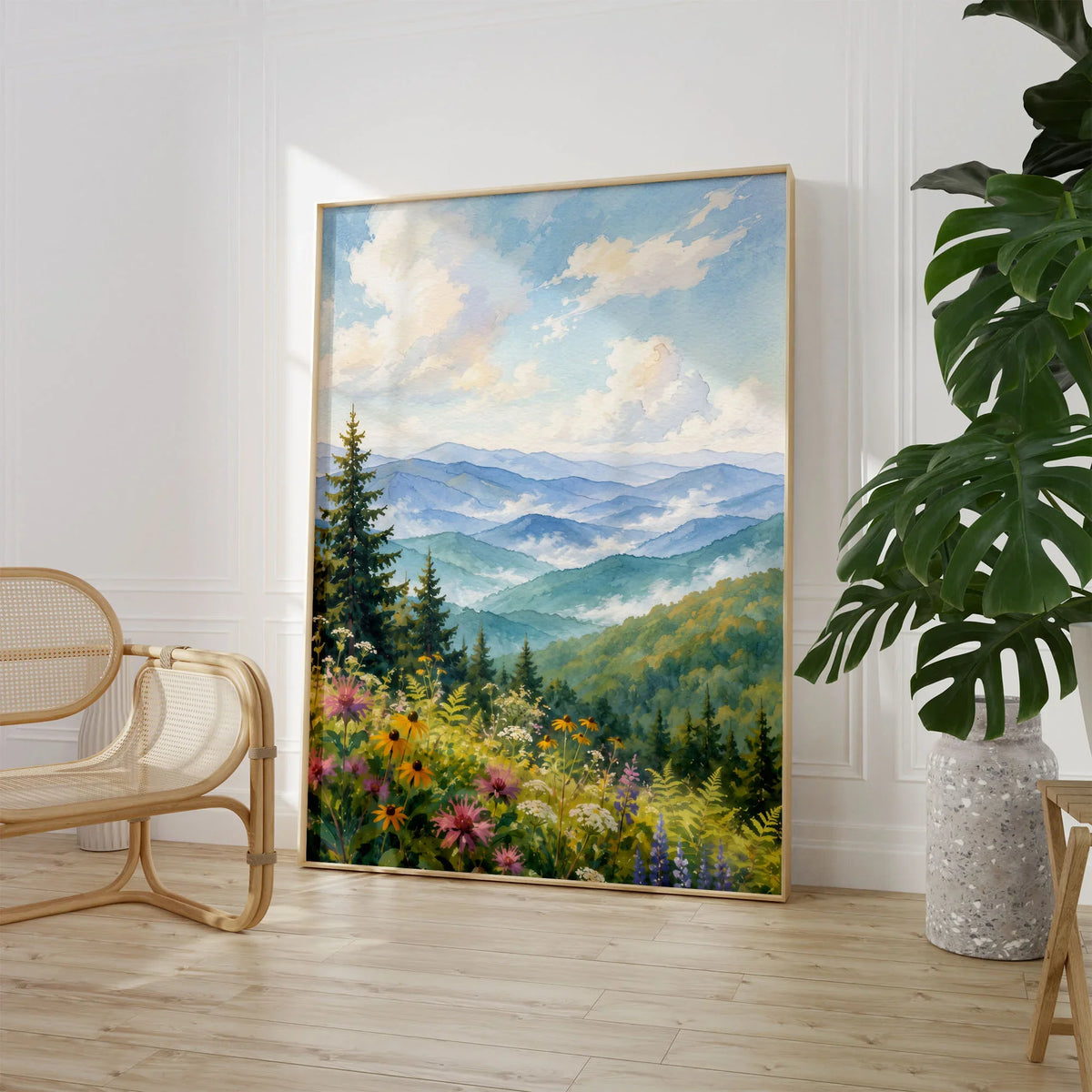 Great Smoky Mountains misty blue ridges watercolour art print large framed print beside a chair and plant
