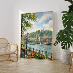 Greenwich Old Royal Naval College and Thames watercolour art print large framed print beside a chair and plant