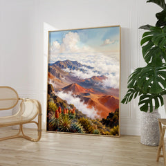 Haleakalā National Park summit crater above the clouds watercolour art print large framed print beside a chair and plant