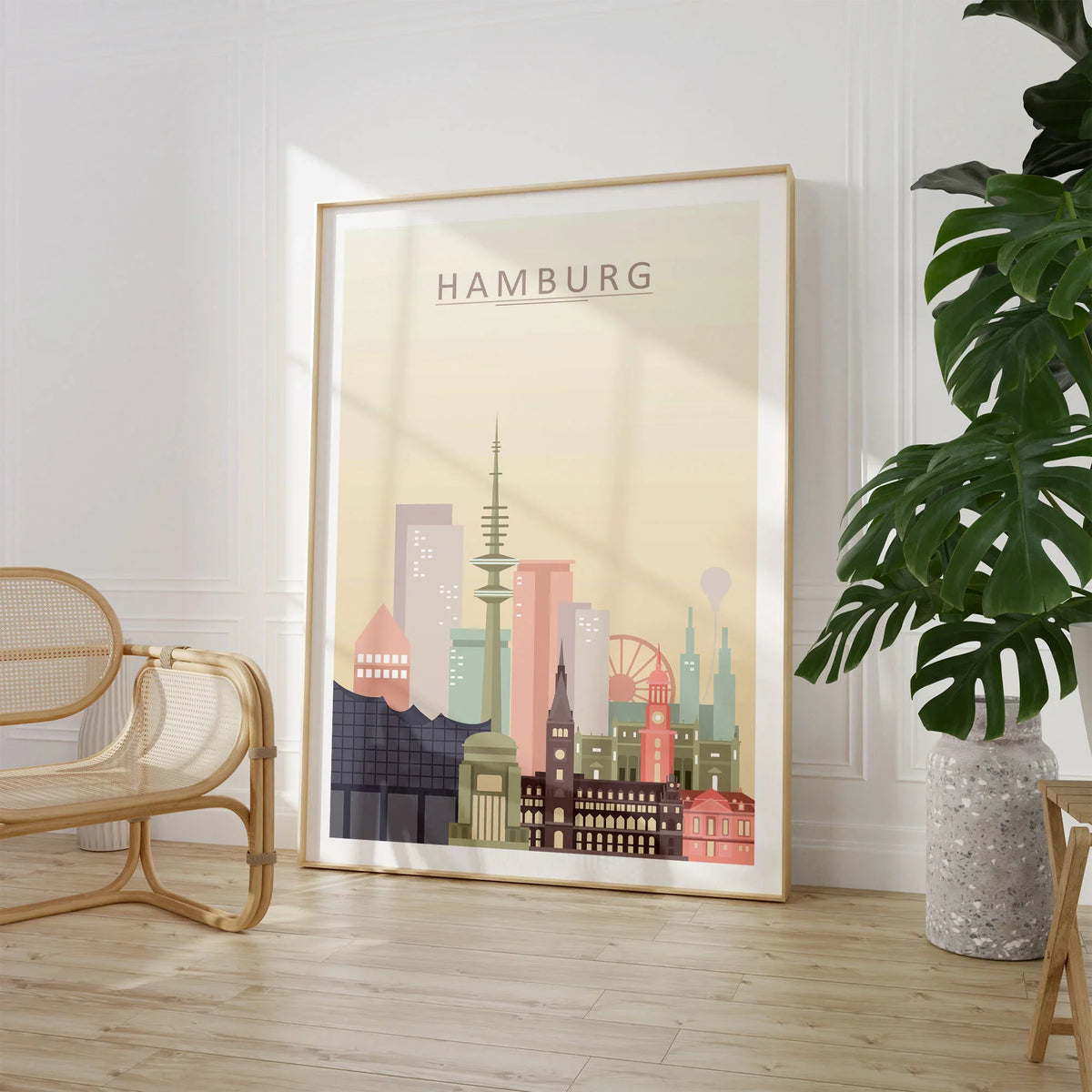 Hamburg city skyline art print, large framed print beside a chair and plant