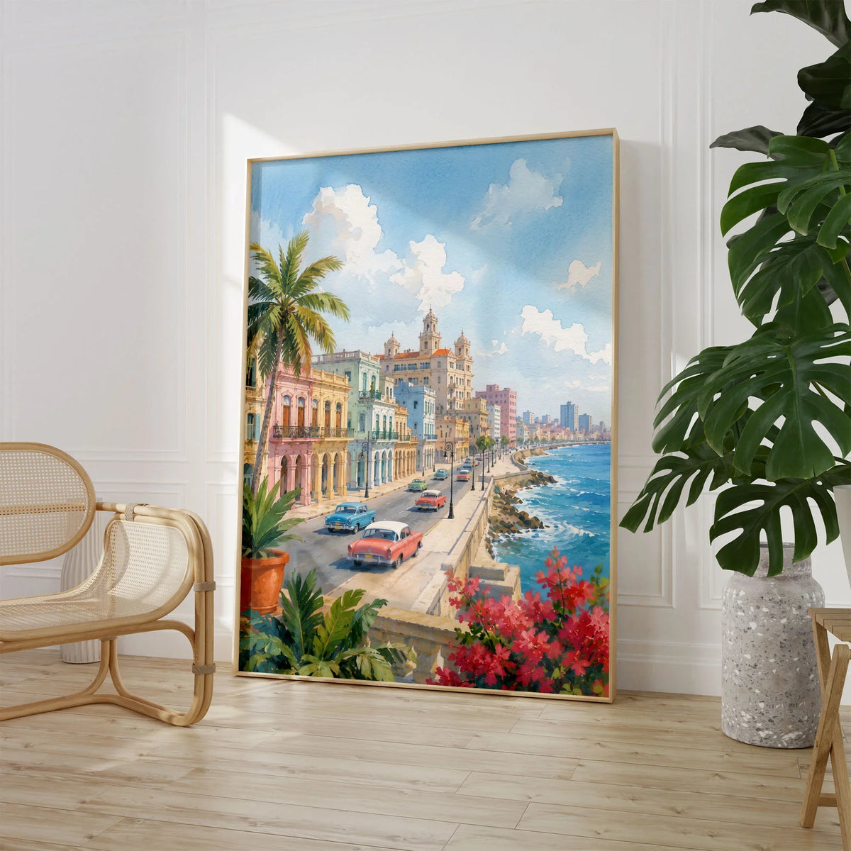 Havana Malecón seafront and classic cars watercolour art print large framed print beside a chair and plant