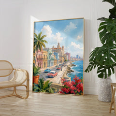 Havana Malecón seafront and classic cars watercolour art print large framed print beside a chair and plant