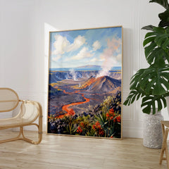 Hawaii Volcanoes lava flow and steaming crater watercolour art print large framed print beside a chair and plant