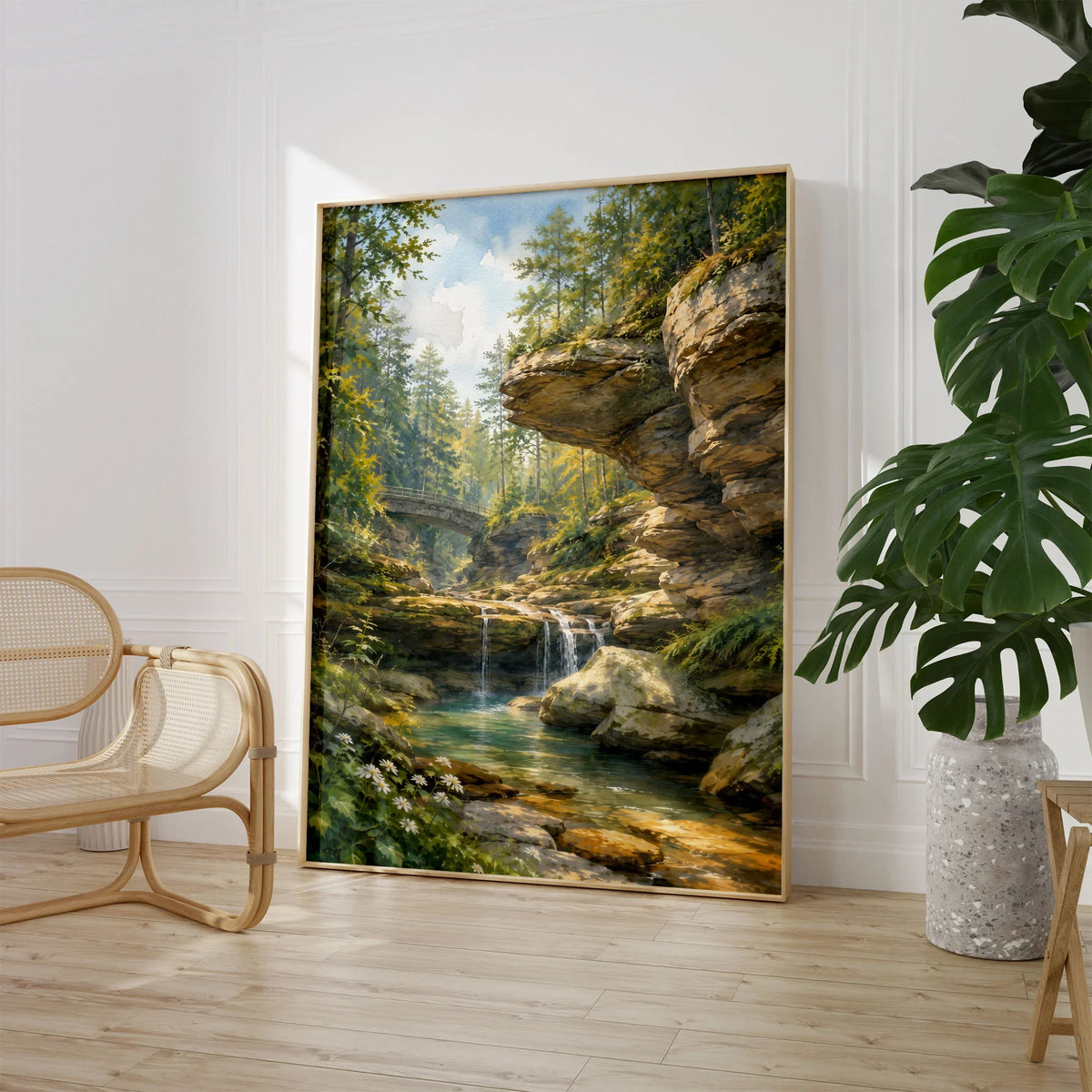 Hocking Hills State Park waterfall below sandstone cliffs watercolour art print large framed print beside a chair and plant