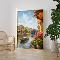 Hoi An lanterns and Japanese bridge watercolour art print large framed print beside a chair and plant