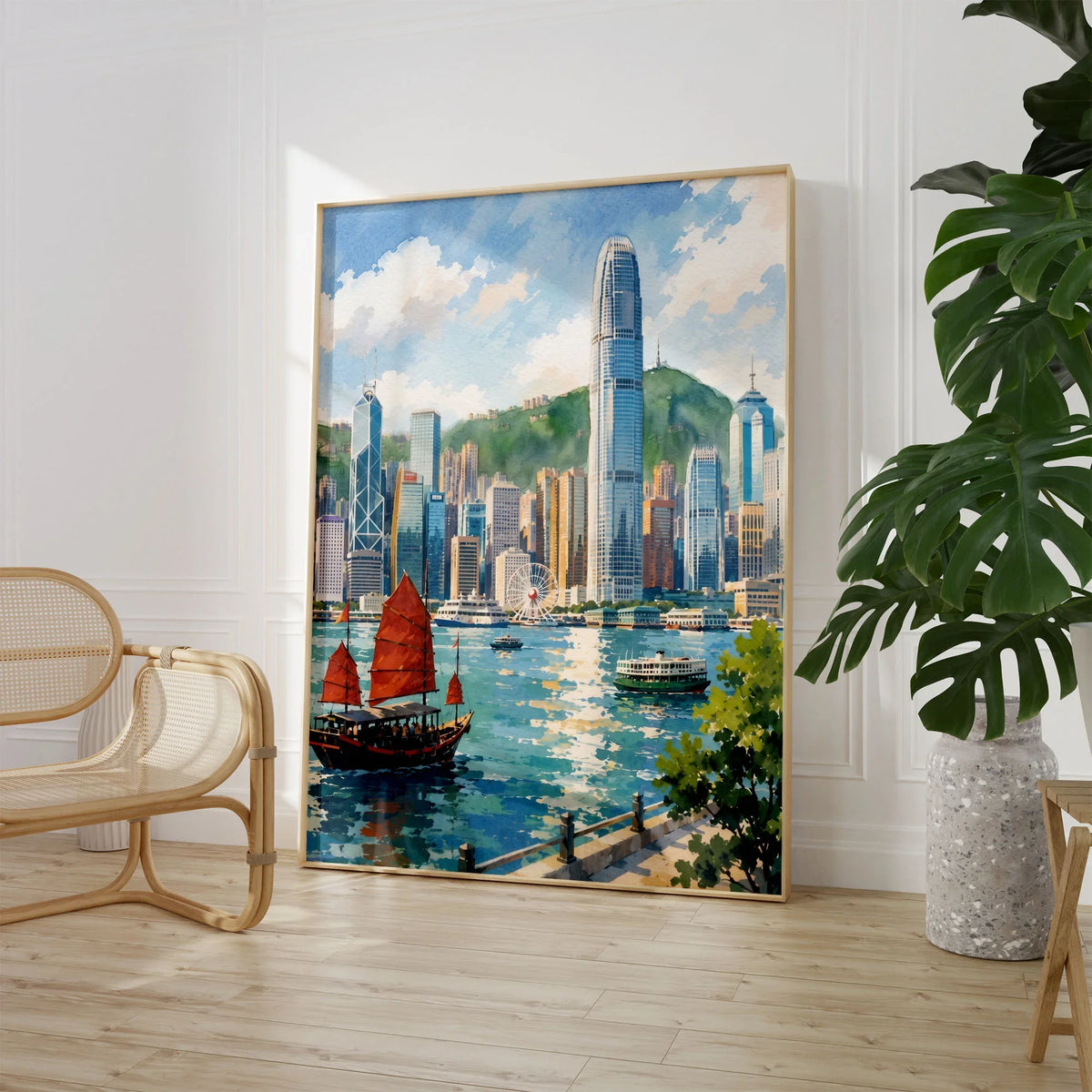 Hong Kong Victoria Harbour and junk boat watercolour art print large framed print beside a chair and plant