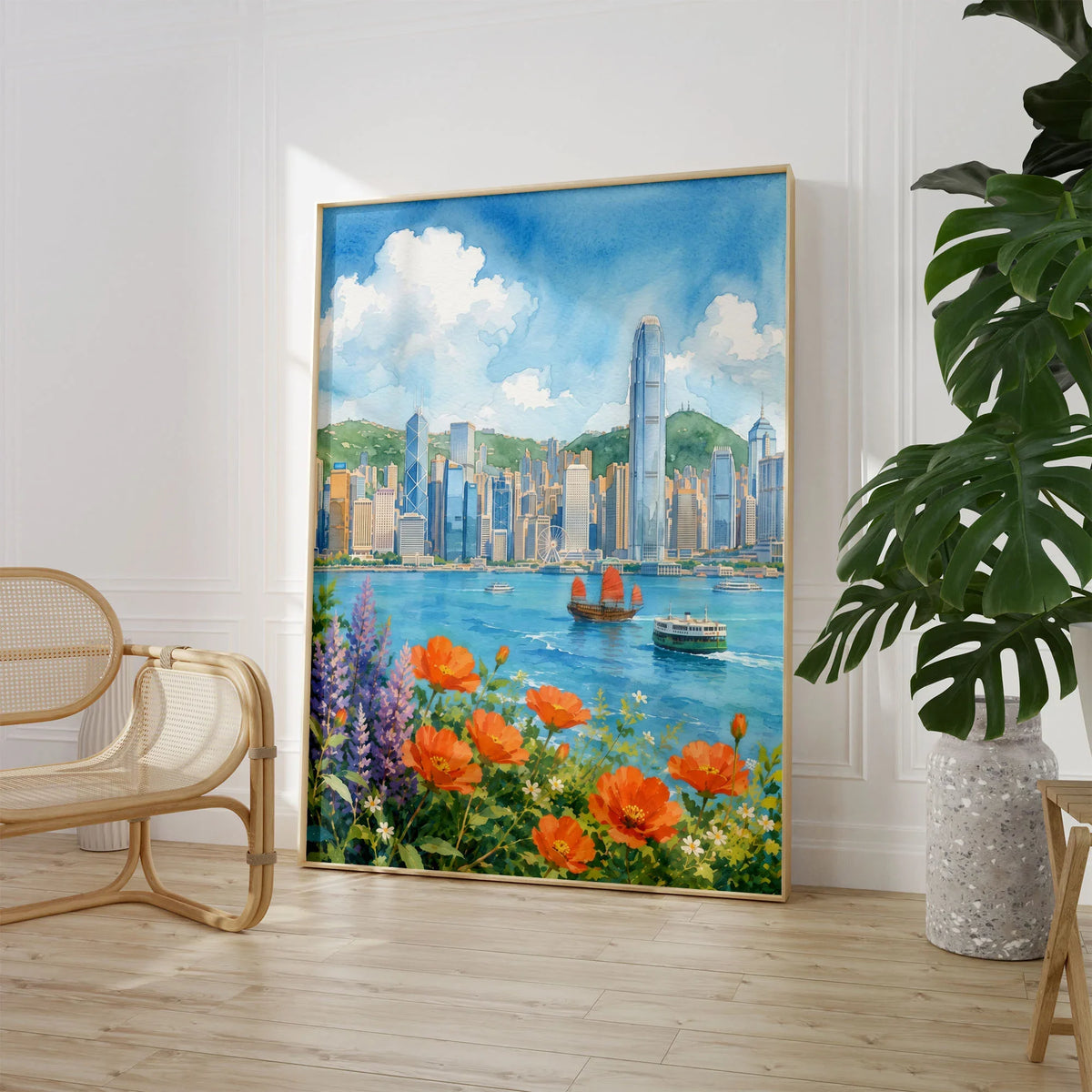 Hong Kong Victoria Harbour skyline with flowers watercolour art print large framed print beside a chair and plant