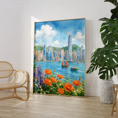 Hong Kong Victoria Harbour skyline with flowers watercolour art print large framed print beside a chair and plant