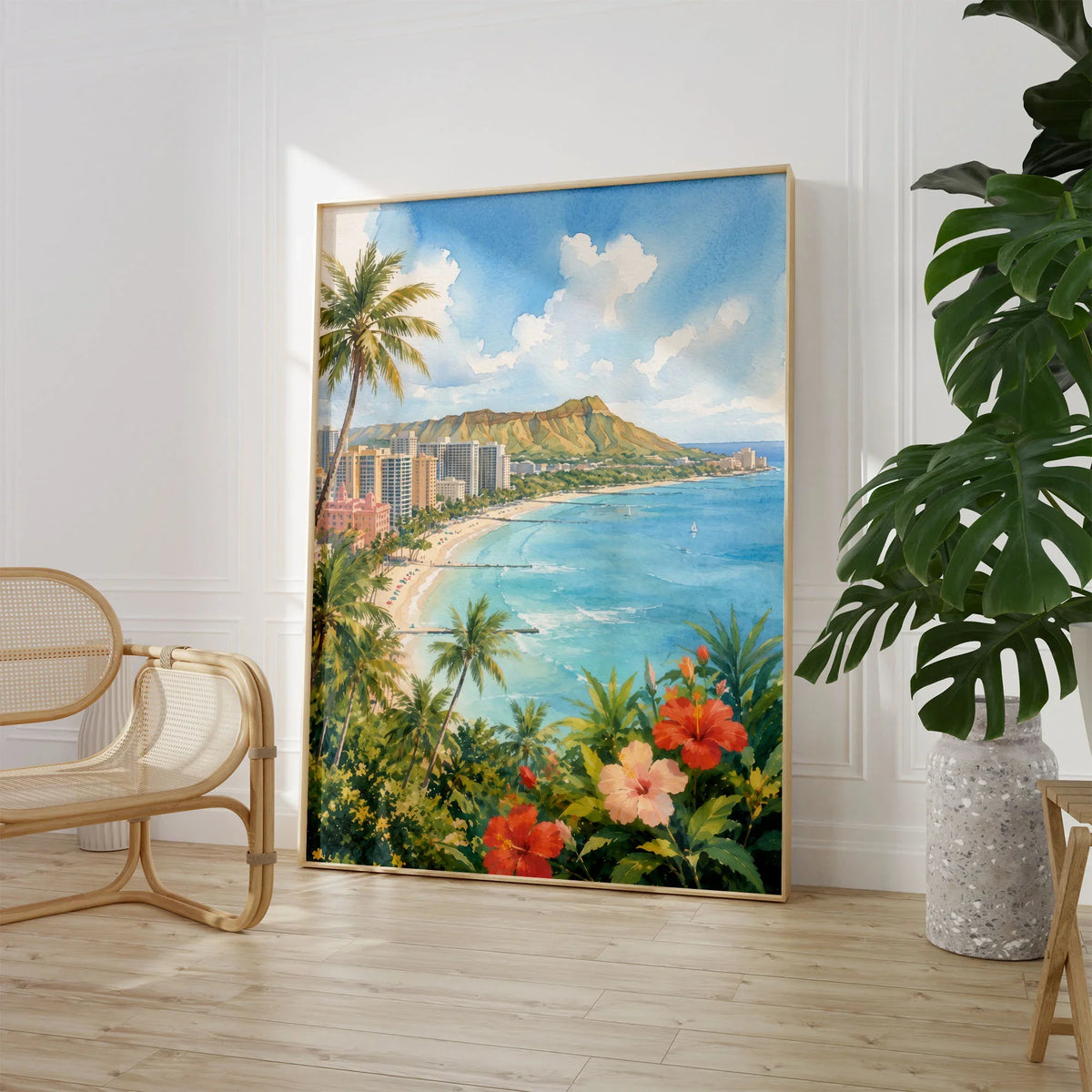 Honolulu Waikiki Beach and Diamond Head watercolour art print large framed print beside a chair and plant