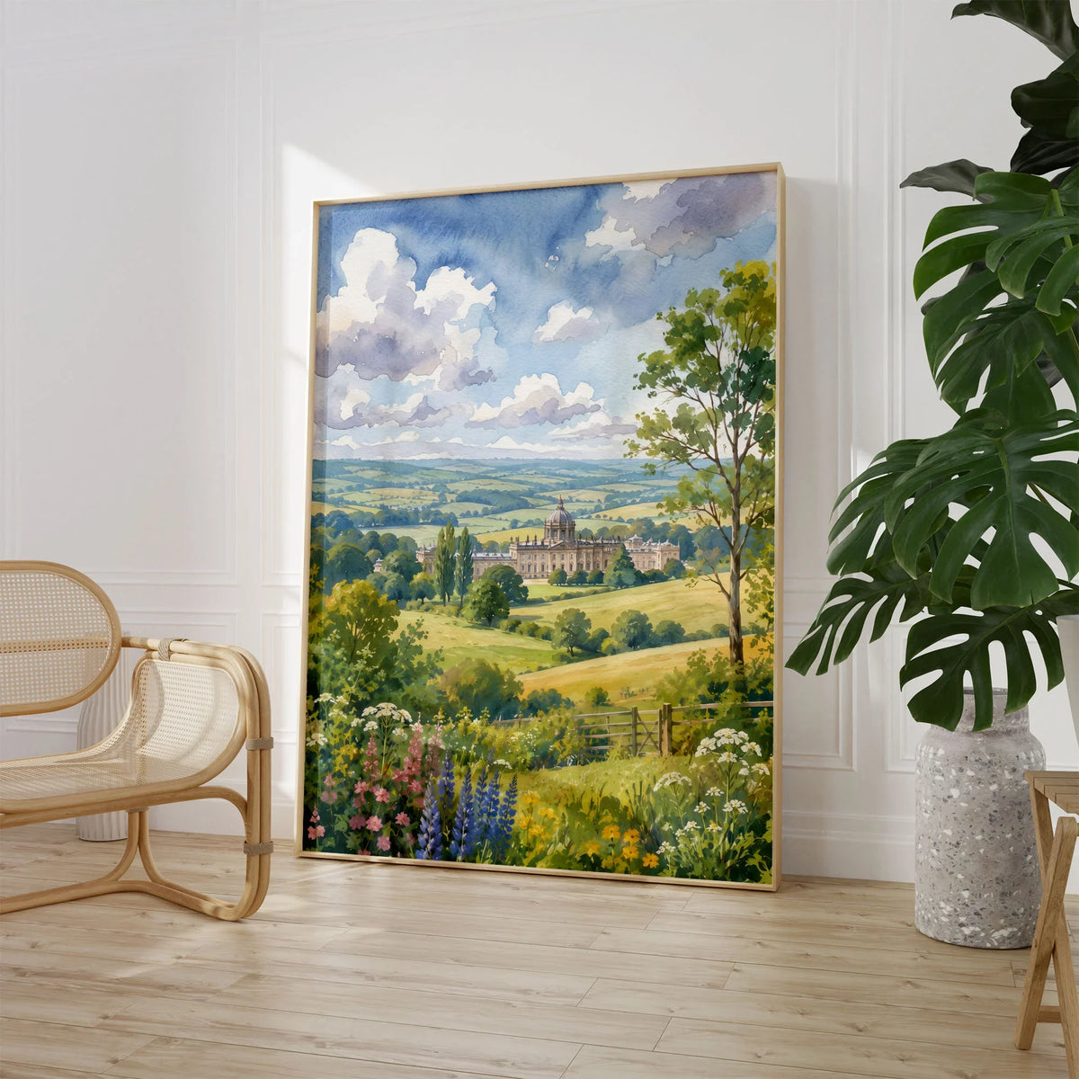 Howardian Hills Castle Howard parkland watercolour art print large framed print beside a chair and plant