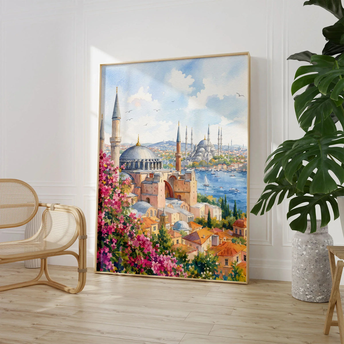 Istanbul Hagia Sophia and Blue Mosque watercolour art print large framed print beside a chair and plant