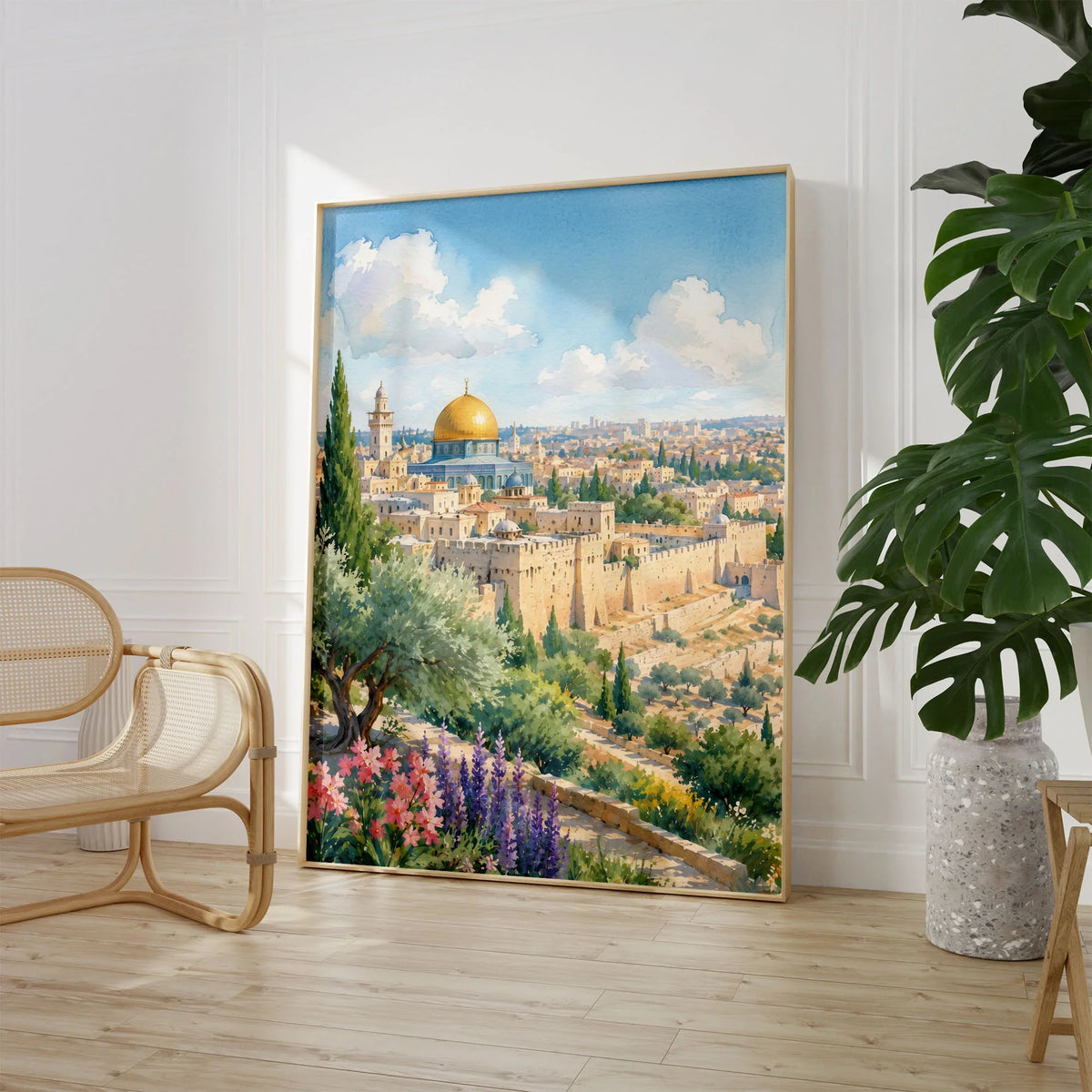 Jerusalem Dome of the Rock and Old City walls watercolour art print large framed print beside a chair and plant