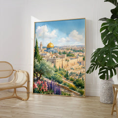 Jerusalem Dome of the Rock and Old City walls watercolour art print large framed print beside a chair and plant