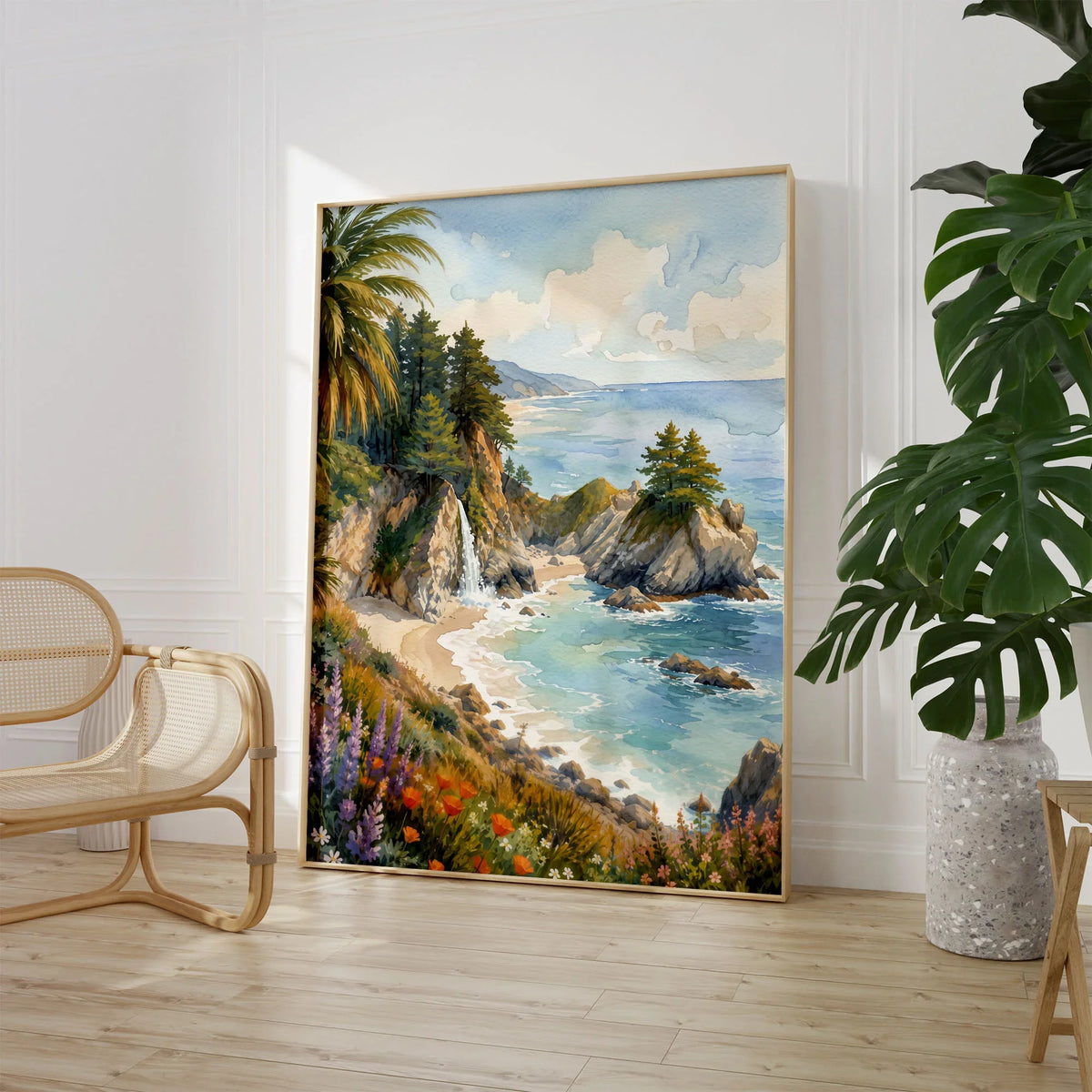 Julia Pfeiffer Burns State Park McWay Falls and cove watercolour art print large framed print beside a chair and plant