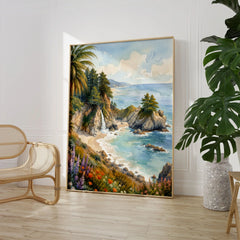 Julia Pfeiffer Burns State Park McWay Falls and cove watercolour art print large framed print beside a chair and plant